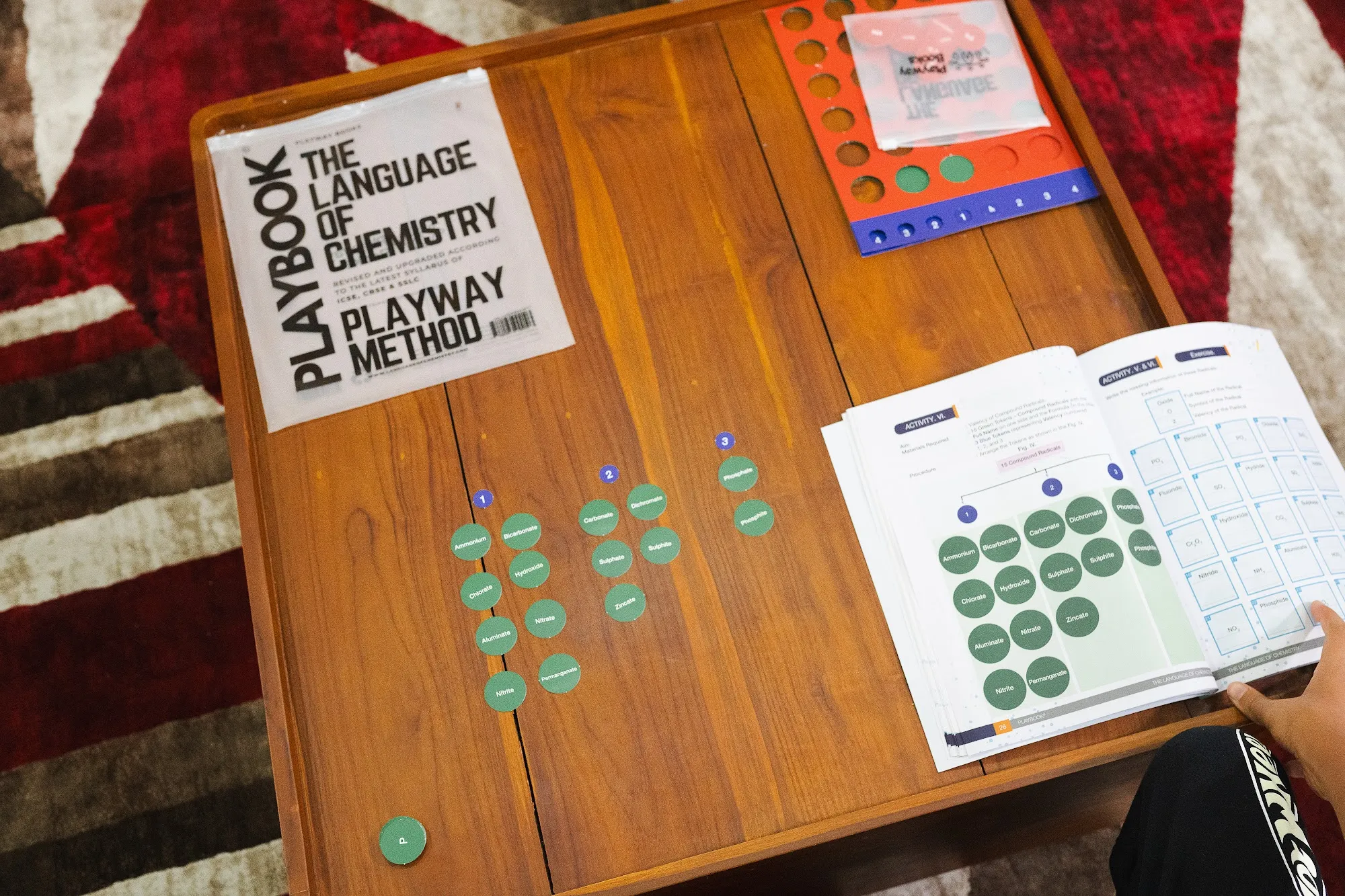 The compound radicals activity page open on a table, with real green radical tokens laid out to match the printed chart exactly.