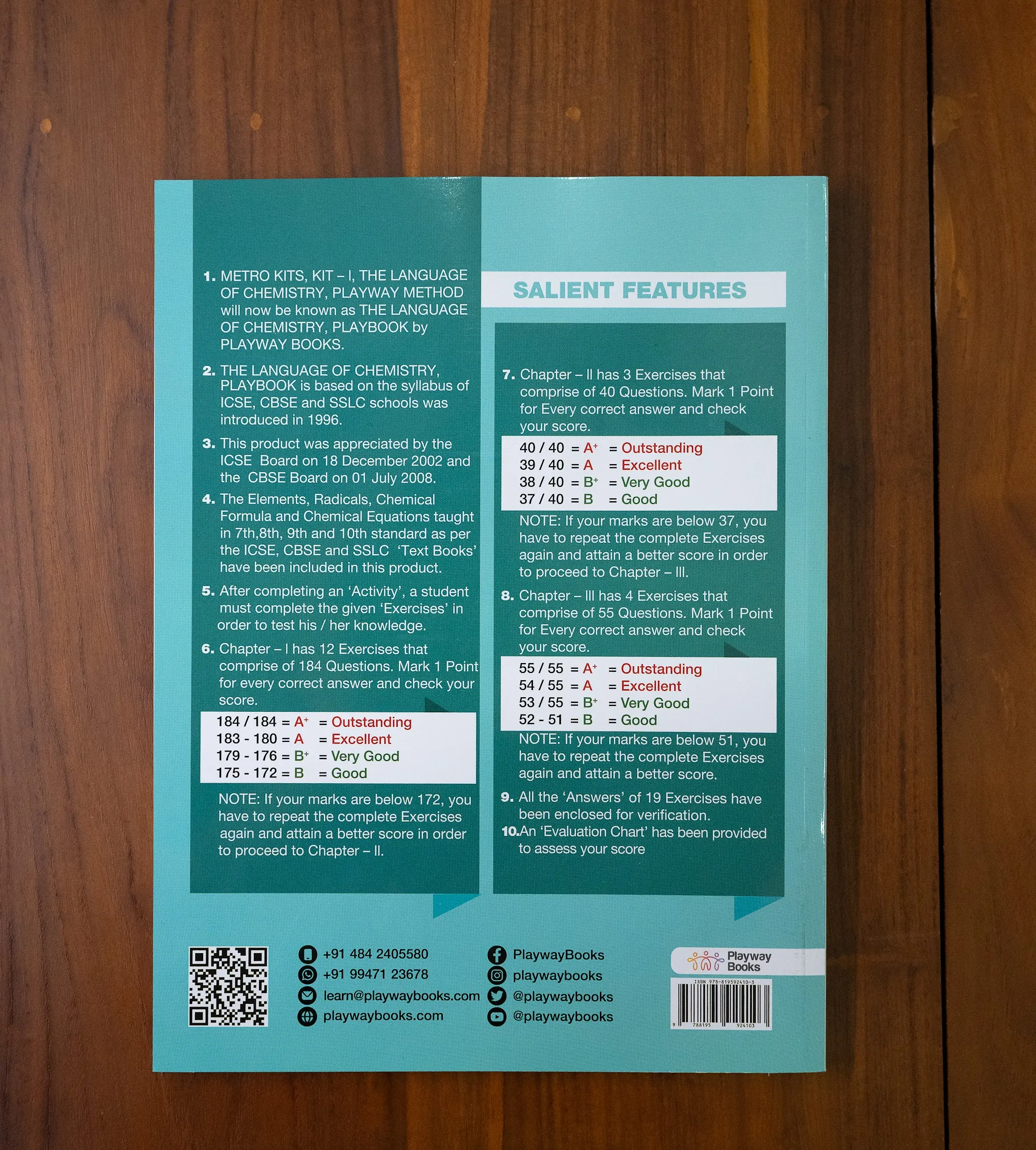The scoring bands printed on the book’s back cover — 184 of 184 down to the 172-mark repeat gate — the same numbers the internal Evaluation Chart uses.