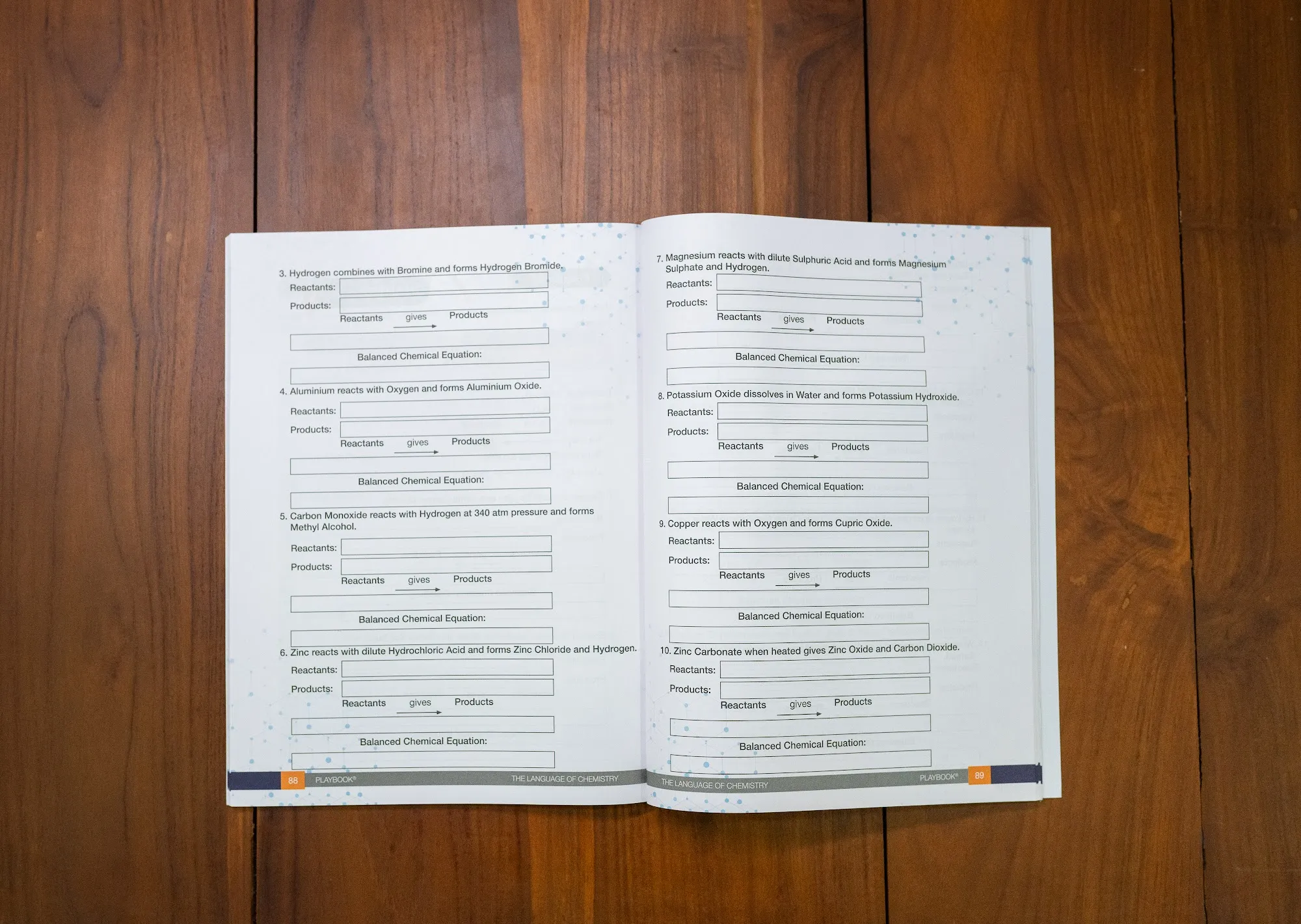 A balancing-equations exercise spread from the current edition — not the original NCERT letter, which has not been photographed.