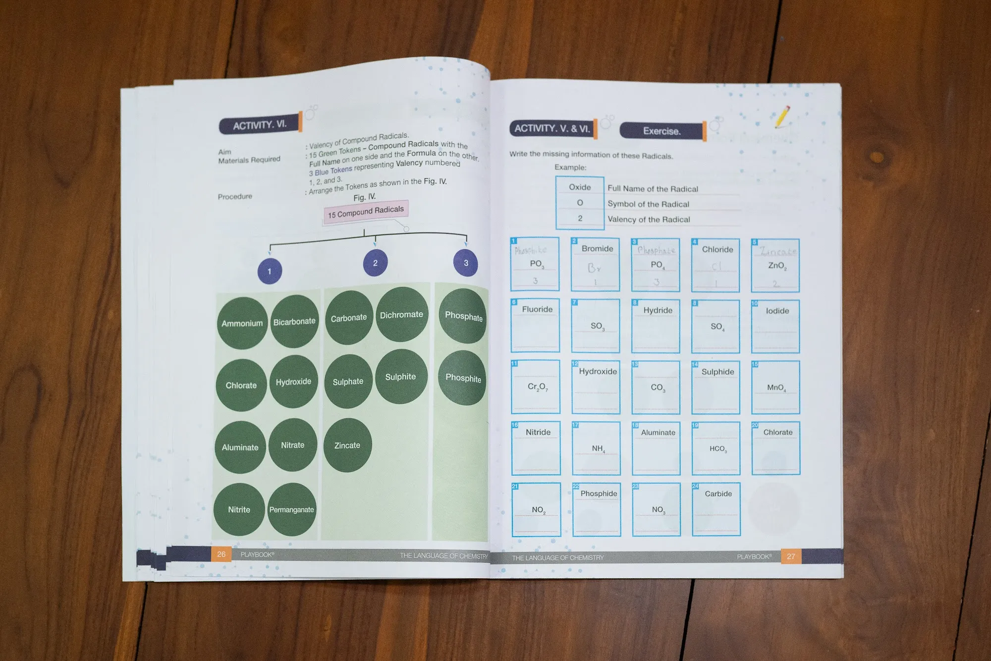 A radicals exercise page with several answer cards already filled in by hand, in pencil.